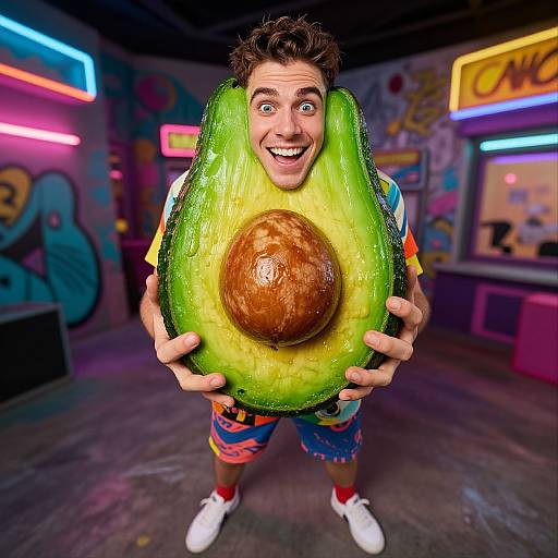 Photograph of a young man with curly brown hair, wide-eyed smile, wearing colorful shorts and white sneakers, holding a giant, realistic avocado with a