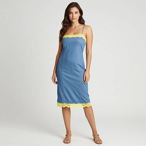 Photograph of a young woman with long dark hair, wearing a blue dress with yellow lace trim, standing against a white background.