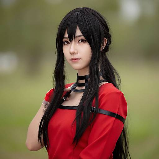 Photograph of a young woman with long black hair, pale skin, and brown eyes, wearing a red top with black straps and choker, standing