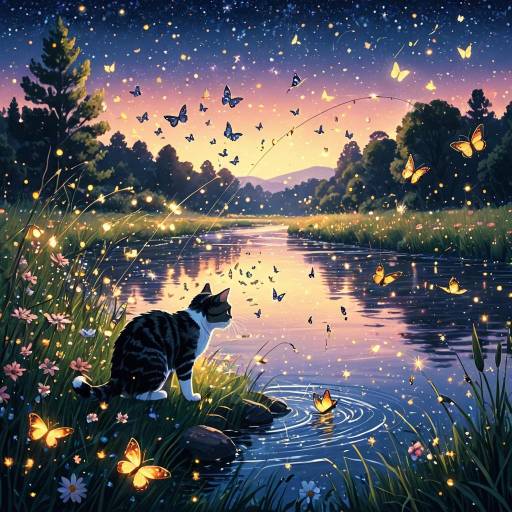 Anime Cat Fishing by Sparkling River at Twilight