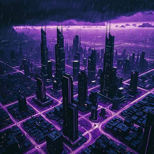Futuristic Cyberpunk Cityscape Under Purple Stormy Sky