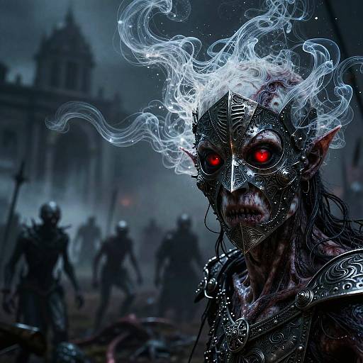 Digital fantasy artwork of a demonic figure with glowing red eyes, black armor, smoke-like white hair, and sharp teeth, surrounded by dark, misty