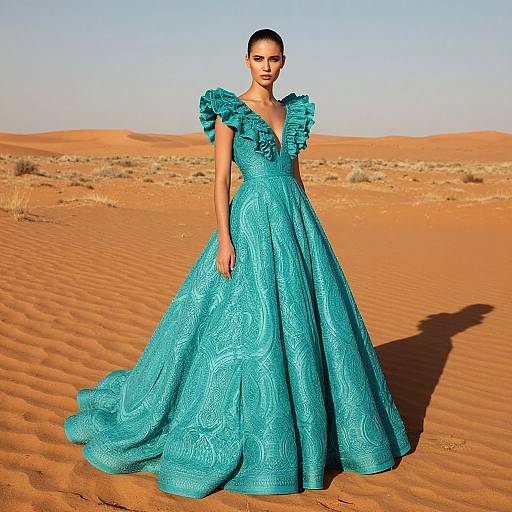 Photograph of a slender woman with dark skin and sleek hair in a turquoise, ruffled gown with intricate patterns, standing in a sunlit desert with