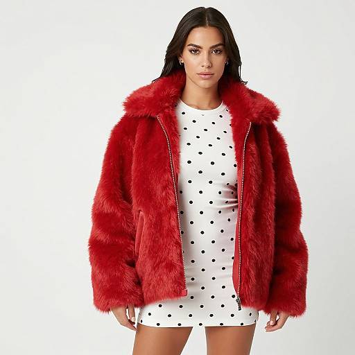 Photograph of a young woman with long dark hair, wearing a red fur jacket over a white polka-dot dress, standing against a plain white background