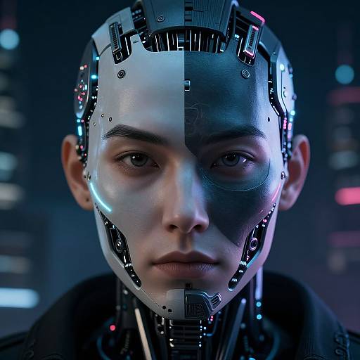 Photorealistic CGI of a serious Asian man with a cybernetic face, half human, half machine, in a dark, neon-lit background