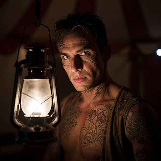 Photograph of a tattooed, shirtless man with short dark hair, holding a glowing lantern, illuminated in dim, shadowy surroundings.