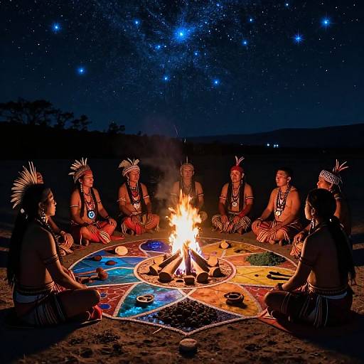 Nighttime photograph of Native American tribe members, adorned with feathers and beads, sitting around a vividly colored fire pit under a starry sky.