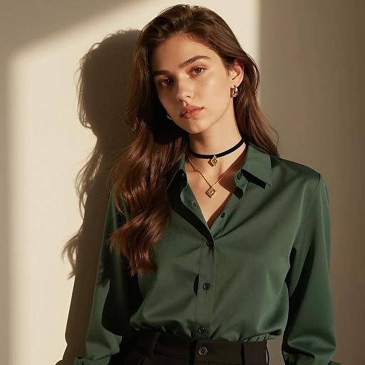 Young Woman in Green Shirt with Gold Jewelry