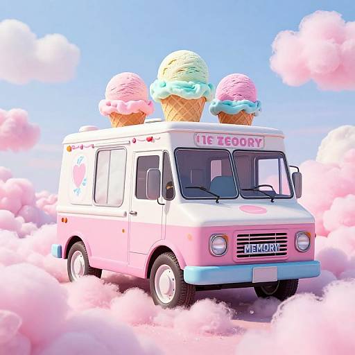 Whimsical digital artwork of a pink ice cream truck with three colorful ice creams on top, floating in pink clouds against a bright blue sky. Text