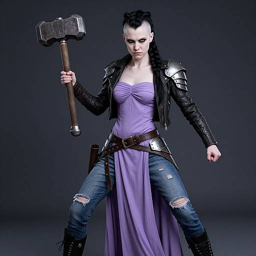 Photograph of a pale-skinned woman with black hair in a braid, wearing a purple dress, black leather jacket, and ripped jeans, holding