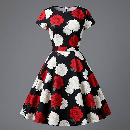 Photograph of a vintage-style, short-sleeved, black floral dress featuring large red and white roses, with a cinched waist and a full