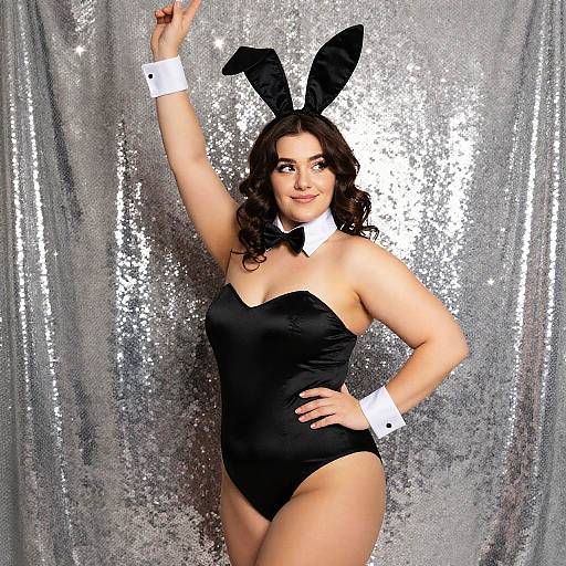 Photograph of a smiling, curvy woman with dark curly hair, wearing a black bunny suit, white cuffs, black bow tie, and black bunny