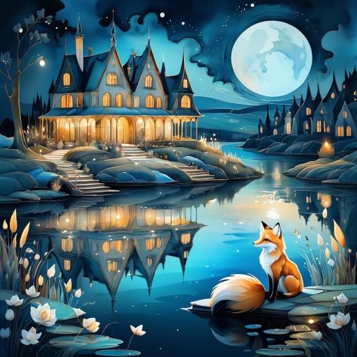 Moonlit Fox by Haunted Lakeside Mansion