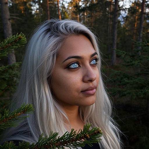Photograph of a young woman with long, platinum blonde hair, striking blue eyes, and light brown skin, standing in a forest, with pine branches