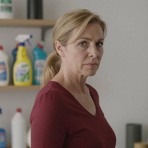 Focused Middle-Aged Woman in Room with Cleaning Supplies