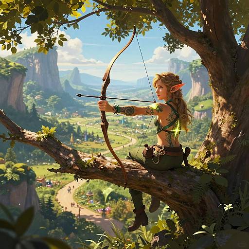 Digital artwork: Blonde elven archer with green eyes and pointed ears, sitting on a tree branch, aiming bow in a sunlit, lush,