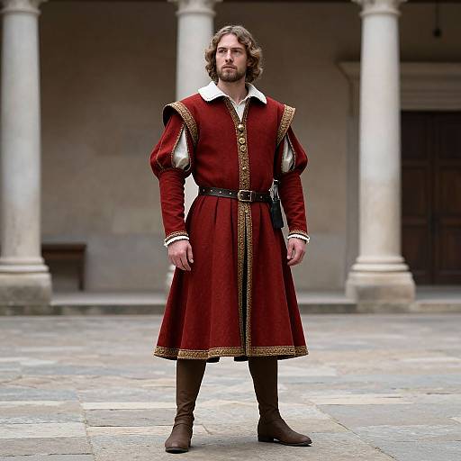 Photograph of a bearded, curly-haired man in a red medieval robe with gold trim, black belt, white collar, brown boots, standing in
