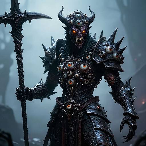Digital artwork of a dark, horned demon with multiple eye-like orbs, sharp teeth, and spiked armor, wielding a twisted spear in a foggy