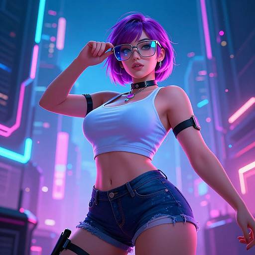 Digital art of a purple-haired, glasses-wearing woman in a white crop top and denim shorts, neon-lit cyberpunk city background.