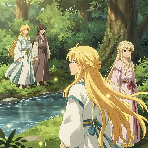 Anime-style digital illustration of four characters in traditional Japanese clothing, standing by a forest stream with sunlight filtering through trees.
