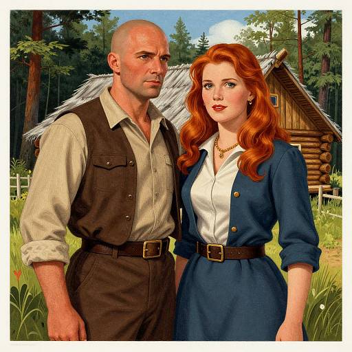 Digital illustration of a bald, muscular man in a brown vest and beige shirt, standing beside a red-haired woman in a blue dress, in front of