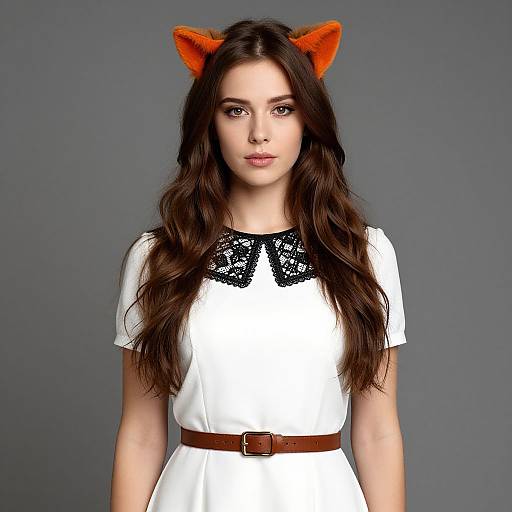 Photograph of a young woman with long brown hair, wearing orange fox ears, a white lace-trimmed dress, and brown belt, against a