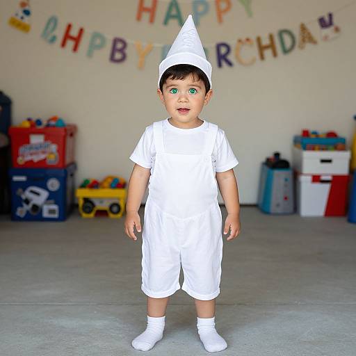 Photograph of a young boy with light skin, black hair, and green eyes, wearing a white paper hat, shirt, shorts, and socks,