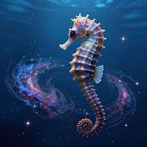 Digital artwork of a vibrant, detailed seahorse with glowing stripes, surrounded by swirling galaxy-like patterns and sparkling stars in a deep blue ocean.