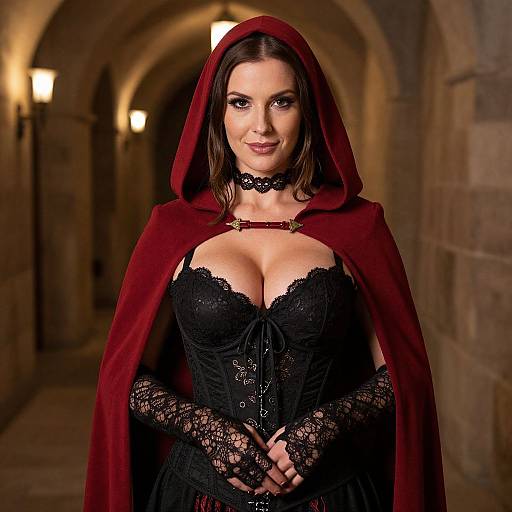 Photograph of a smiling woman with fair skin, brown hair, wearing a red hooded cloak, black lace corset, and choker, standing