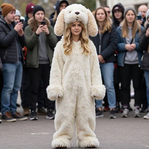 Photograph: Blonde girl in white fluffy dog costume with floppy ears stands center, surrounded by a blurred crowd of onlookers with cameras. Urban street