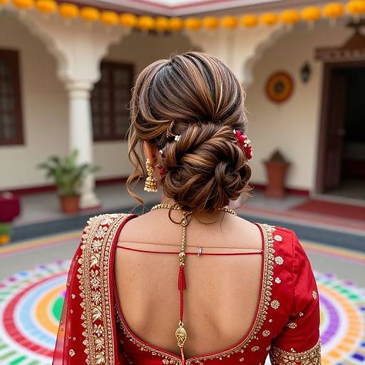 Photograph of a bride with brown, braided hair, wearing a red, gold-embroidered traditional dress, viewed from behind in a decorated