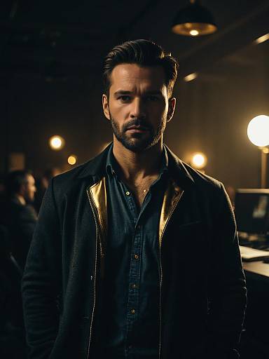Photograph of a rugged, bearded man with dark hair, wearing a black leather jacket over a dark shirt, standing in a dimly lit,