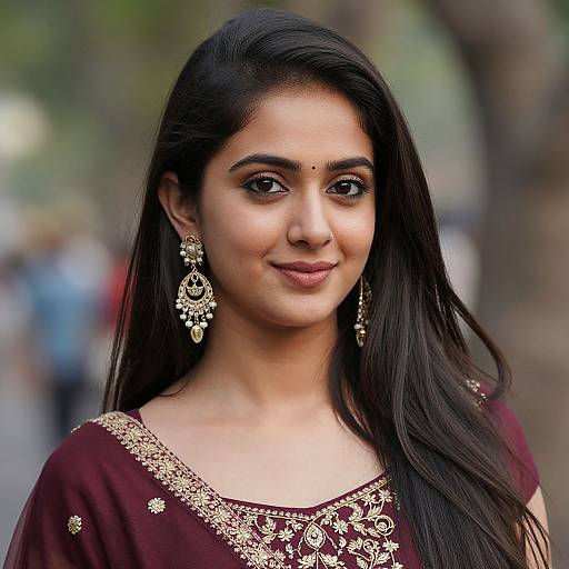 Photograph of a young Indian woman with long black hair, brown eyes, wearing a maroon saree with gold embroidery, and matching intricate earrings,