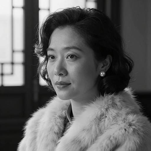 Black and White Portrait of Woman in Fur Coat