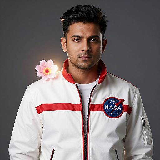Photograph of a serious, dark-haired man with medium brown skin, wearing a white NASA jacket with red stripes, a white shirt, and a pink