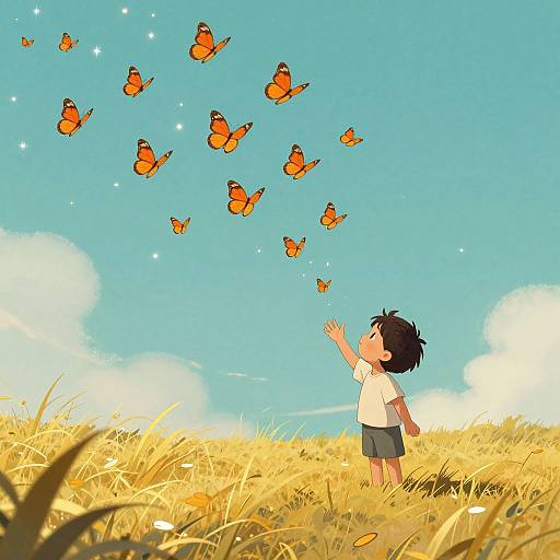 Digital illustration of a young boy with black hair, white shirt, and gray shorts, reaching up to a sky filled with orange butterflies in a golden field