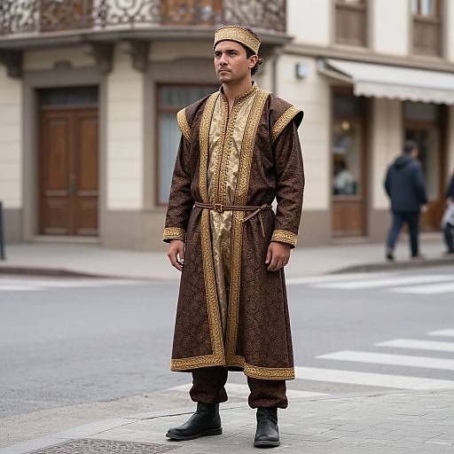 Photograph of a young Middle Eastern man in ornate brown and gold traditional robes and cap, standing on a city street. Blurred background includes buildings