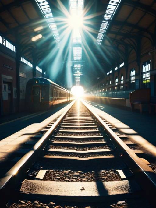 Sunlit Train Station with Scenic Tracks