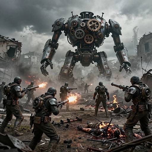 Photorealistic CGI: Soldiers in tactical gear firing at a massive, gear-wheeled mech in a war-torn, smoke-filled urban battlefield.