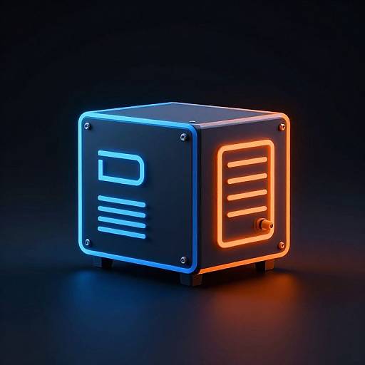 Photograph of a glowing, neon-lit cube with blue and orange LED lights, displaying lines and symbols, against a dark background.