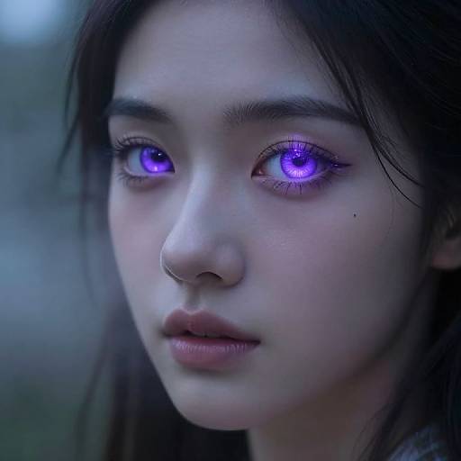 Digital portrait of an Asian woman with pale skin, long black hair, glowing purple eyes, and a silver nose ring, against a blurred blue background.