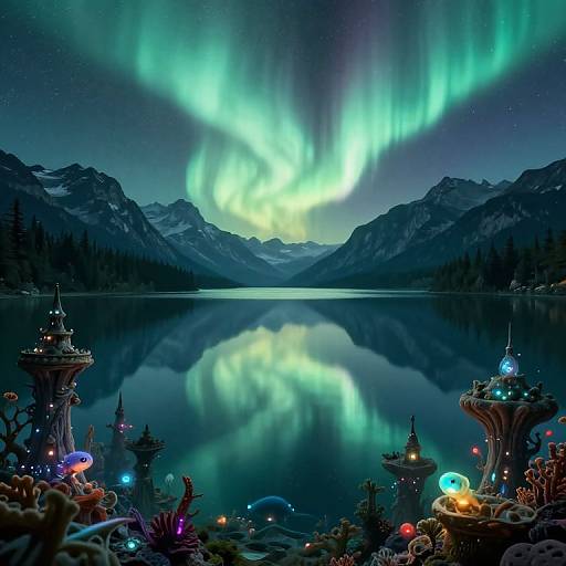 Digital art of a serene lake reflecting vibrant green auroras, surrounded by snow-capped mountains, floating illuminated islands, and colorful underwater plants.