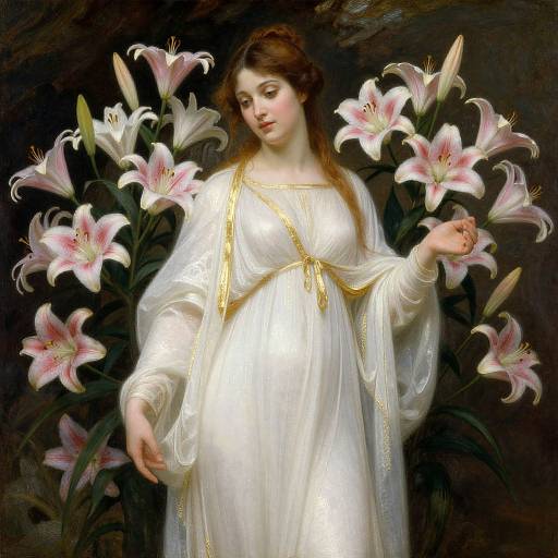 Photorealistic painting of a fair-skinned woman with brown hair, wearing a white, gold-trimmed gown, surrounded by pink lilies.