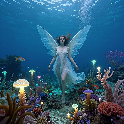 Photograph of a fair-skinned woman with translucent wings, wearing a flowing white dress, swimming underwater among vibrant coral, glowing jellyfish, and colorful