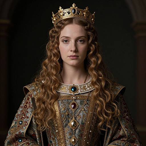 Photograph of a young woman with long, wavy brown hair, wearing a golden crown and ornate, jeweled medieval gown, against a dark