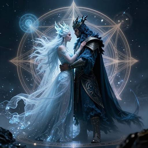 Digital fantasy artwork of a glowing, ethereal woman with white hair, in a silver dress, kissing a dark, armored man with a black fur cloak