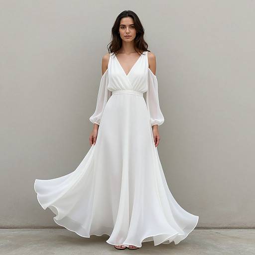 Photograph of a dark-haired woman in a white, V-neck, off-shoulder, long-sleeve, flowing gown, standing against a