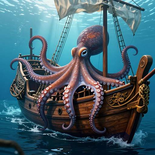 Digital art: A majestic wooden pirate ship with billowing sails, anchored in deep blue ocean waters, features a large, pinkish-purple octopus with