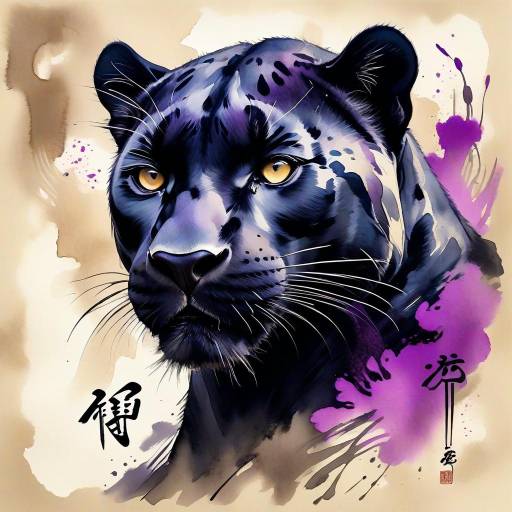 Majestic Black Panther in Ink Wash Style