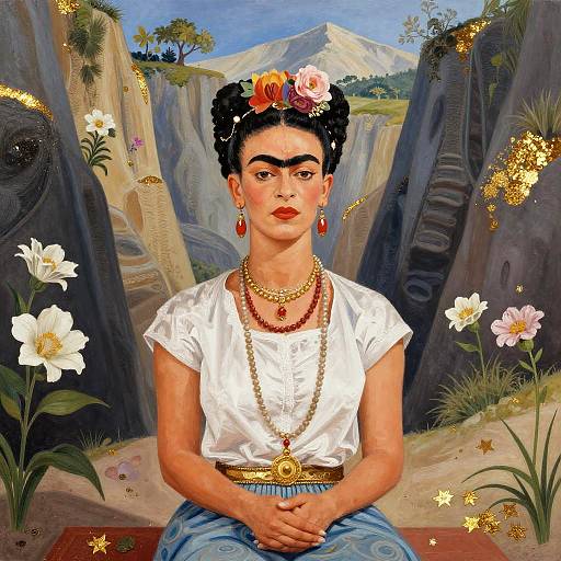 Photorealistic painting of Frida Kahlo, dark hair adorned with flowers, wearing white blouse, blue skirt, gold jewelry, seated between rocky cliffs